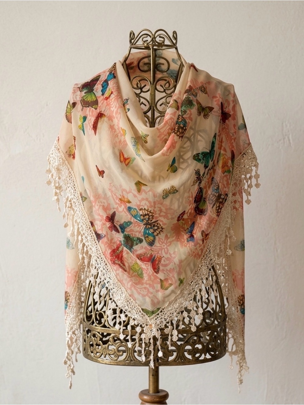Butterfly Print Lace-Trim Scarf - Cream/Pink